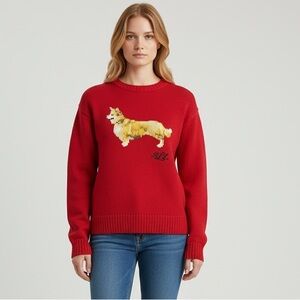 NWT Ralph Lauren Intarsia-Knit Corgi Dog Cotton Red Sweater Size Small